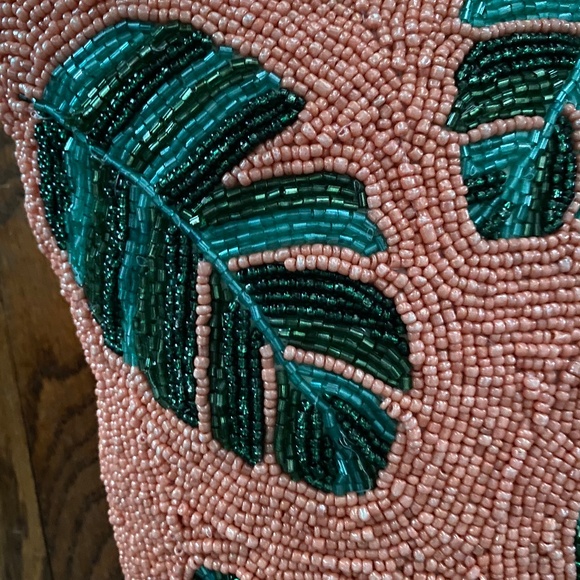 Beaded Throw Pillow. Coral Pink and Green Indian Decor. 10" by 14" Like New - Picture 3 of 9